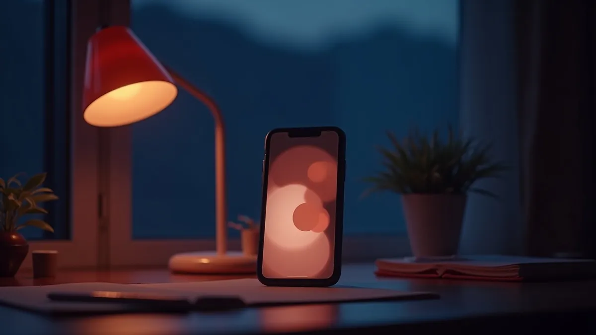 Smartphone dressé sur un bureau en bois au crépuscule, bulles de conversation abstraites corail à l'écran, lampe chaude et carnet à côté
