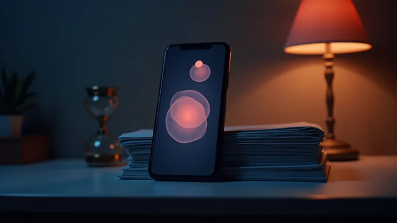Smartphone appuyé contre une pile de dossiers, formes corail douces à l'écran, sablier en laiton à côté sous une lampe chaude