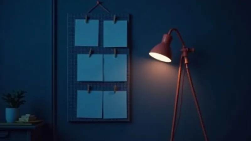 Cartes de papier vierges épinglées sur un tableau de planification et reliées par un fil corail, éclairées par une lampe chaude