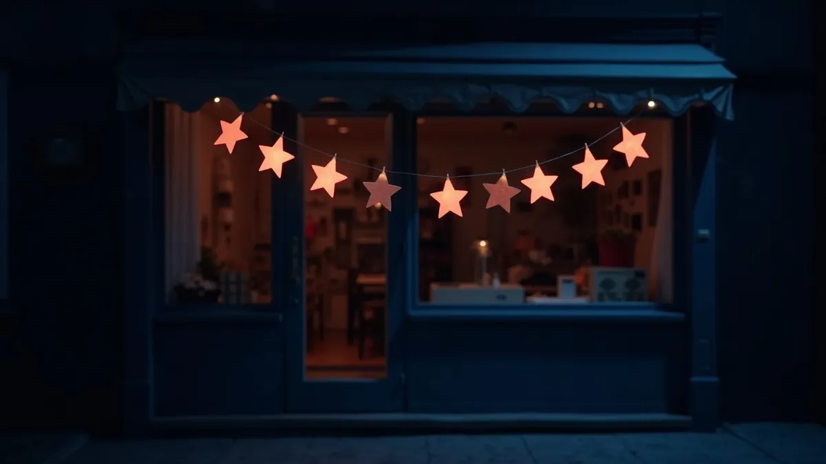 Vitrine de commerce belge à l'heure bleue, guirlande d'étoiles en papier au-dessus de l'entrée et lumière chaleureuse