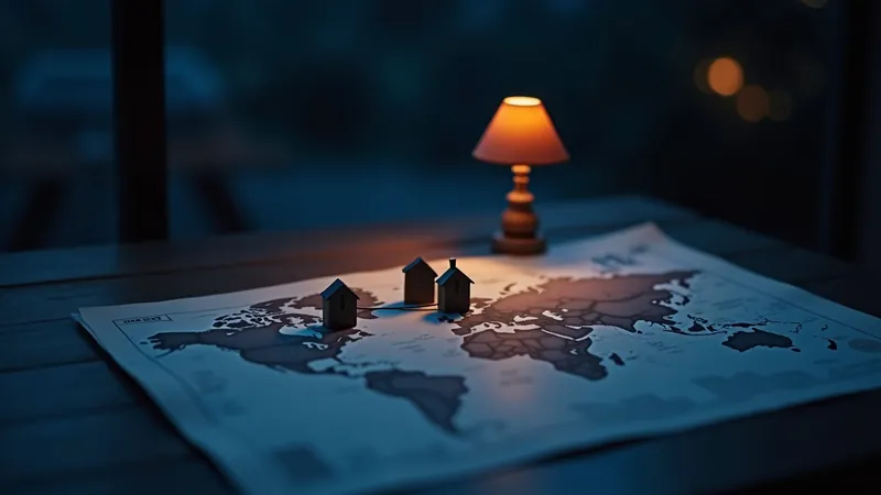 Carte en papier sur une table en bois, petites maisons en bois reliées par un fil corail à la lueur d'une lampe