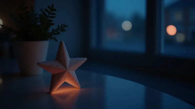 Étoile en céramique posée sur un comptoir de commerce à côté d'une petite plante, dans une lumière chaude et tamisée