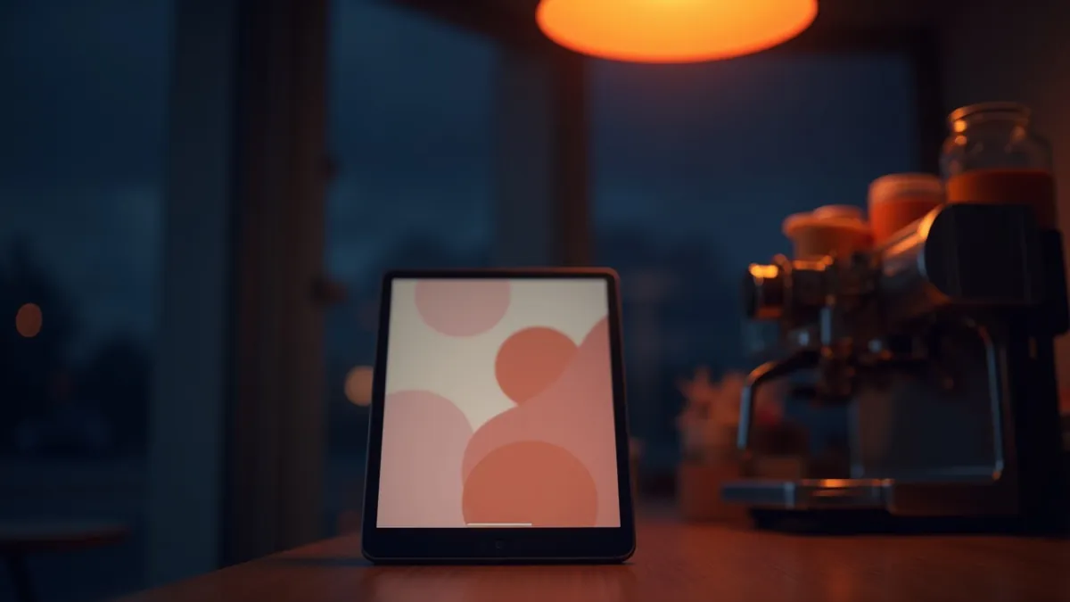 Tablette dressée sur un comptoir au crépuscule, bulles de conversation abstraites crème et corail à l'écran sous une suspension chaude