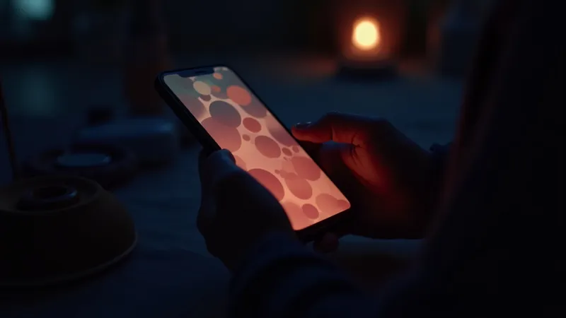Mains tenant un smartphone dans un atelier sombre, bulles abstraites corail et crème à l'écran, bokeh chaleureux en fond
