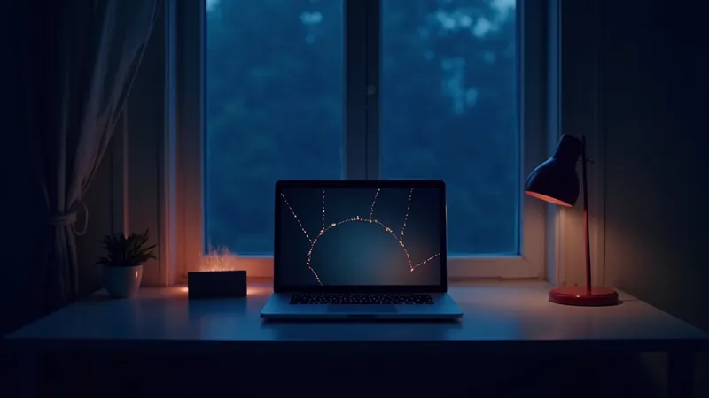 Ordinateur portable sur un bureau minimaliste, constellation de points lumineux chauds reliés à l'écran, lampe corail et fenêtre nocturne
