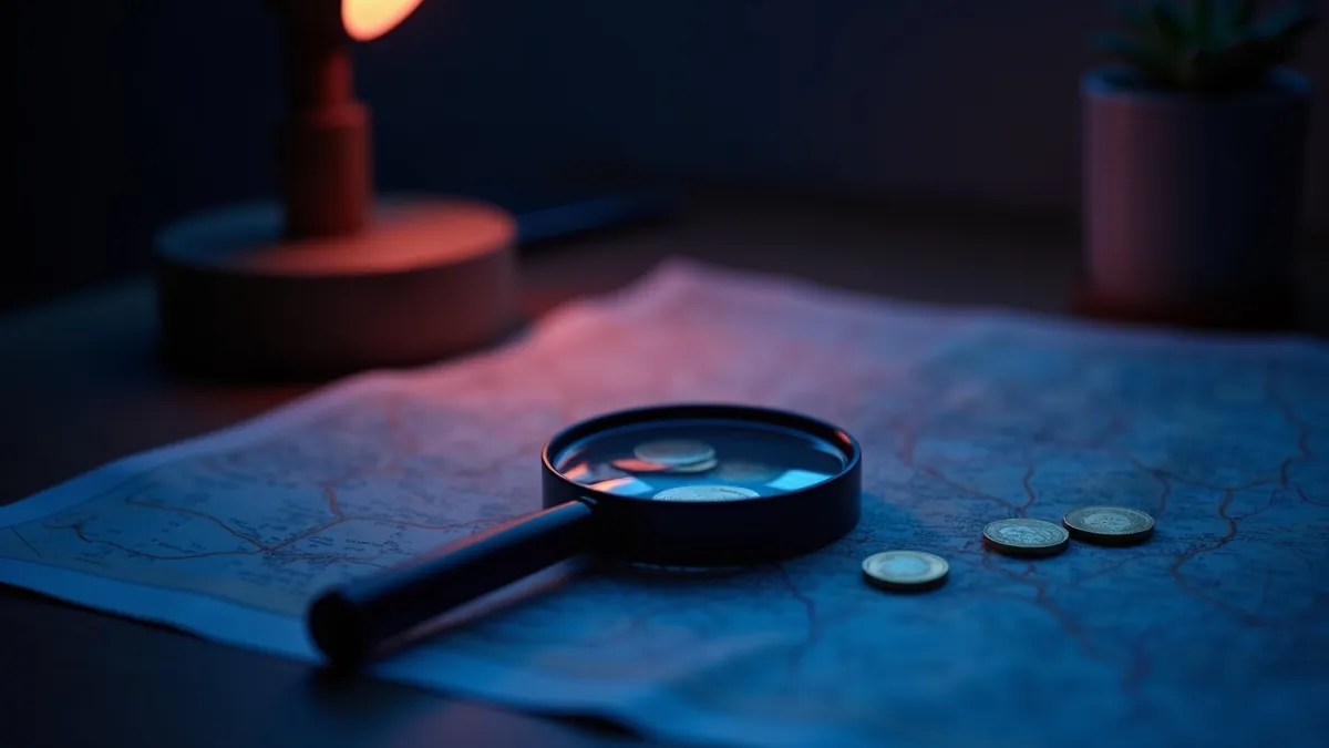 Loupe et pièces en euros posées sur une carte routière en papier, éclairées par une lampe chaude dans une pièce sombre