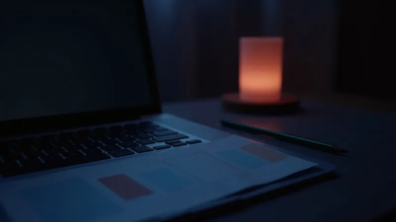 Ordinateur portable et feuille de nuancier aux tons crème et corail sur un bureau sombre, bougie chaude en arrière-plan