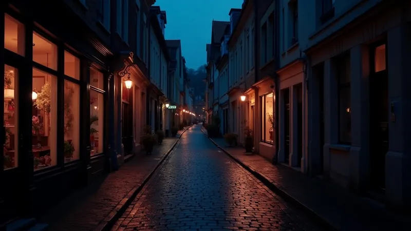 Rue commerçante d'une petite ville belge à l'heure bleue, lumière chaude des vitrines se reflétant sur les pavés mouillés