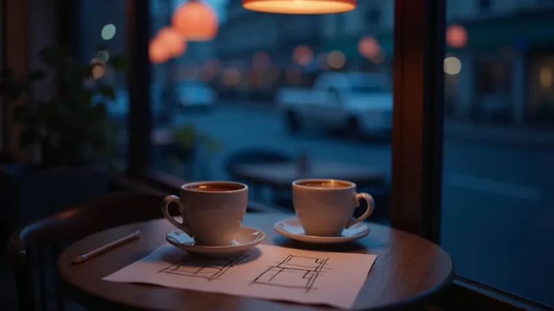 Deux tasses de café sur une table de bistrot avec des croquis de maquette aux cases vides et un crayon, suspension chaude, rue à l'heure bleue derrière la vitre