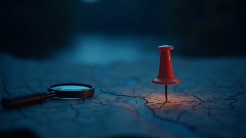 Carte routière en papier montrant un méandre de fleuve, grande épingle corail plantée près de la rive et loupe posée au bord, lumière de lampe chaude