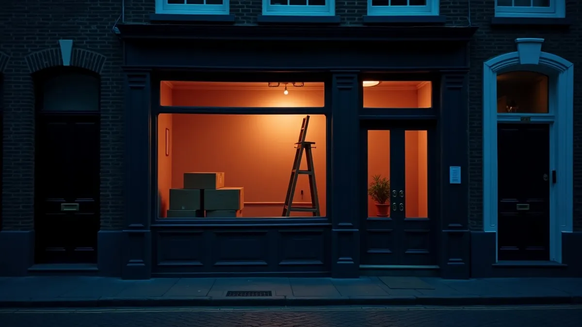 Petite façade en briques d'un commerce de Hannut en préparation à l'heure bleue, cartons et échelle derrière la vitrine éclairée de corail, création d'entreprise en Hesbaye