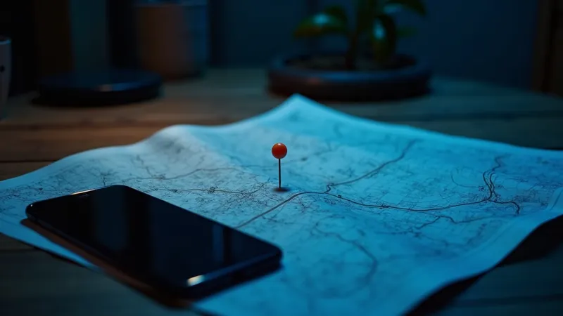 Carte routière papier de la campagne hesbignonne avec une épingle corail plantée près d'un carrefour de village et un smartphone posé à côté, lampe chaude