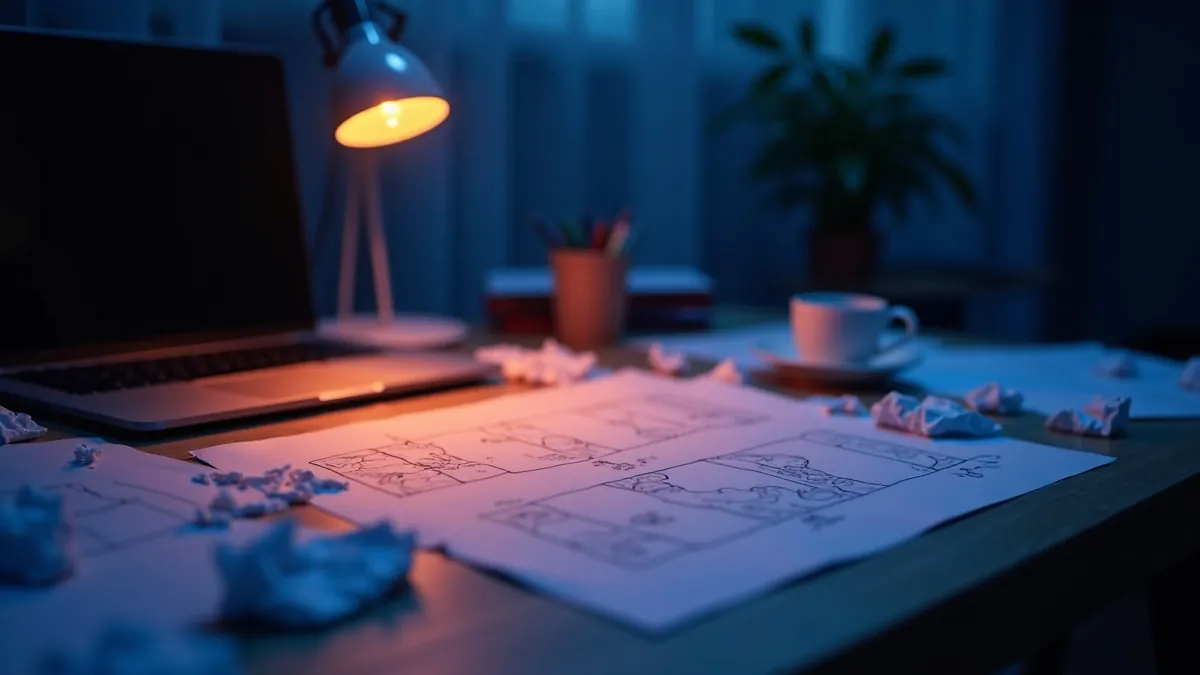 Bureau jonché de croquis froissés autour d'un ordinateur portable, une maquette propre au centre sous la lampe corail