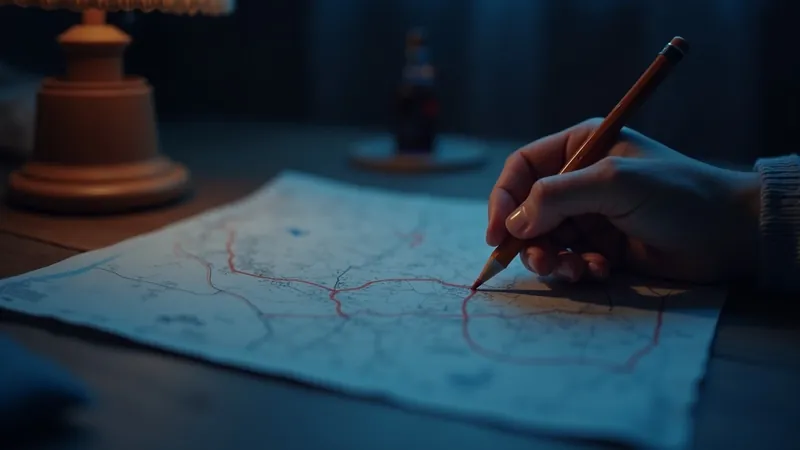 Main traçant un itinéraire sur une carte en papier, plusieurs chemins barrés au crayon et une route marquée d'un fil corail