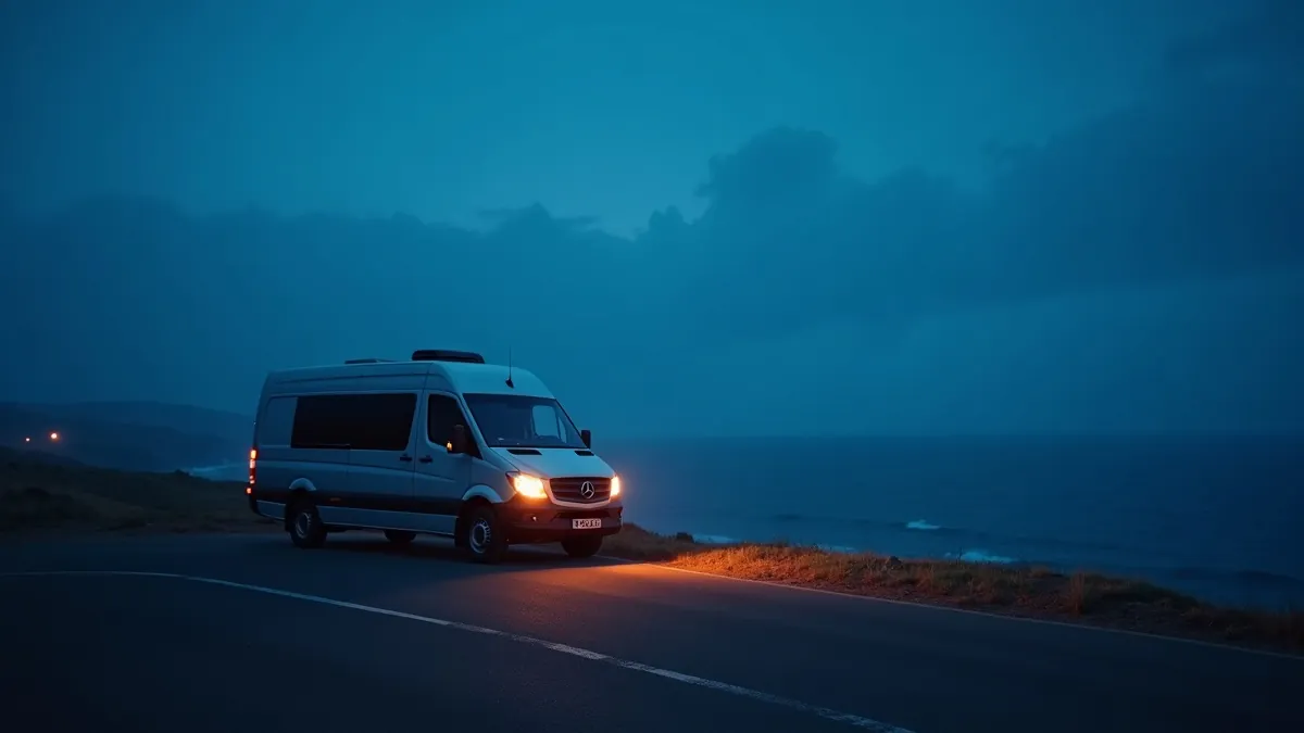 Van de transfert garé sur une route côtière au-dessus de l'Atlantique à l'heure bleue, phares chauds éclairant la chaussée, brume marine au loin