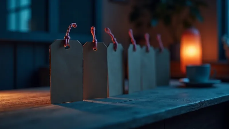 Cinq étiquettes de bagage en kraft vierges nouées d'un fil corail, alignées sur une table en bois rustique dans une lumière de lampe chaude