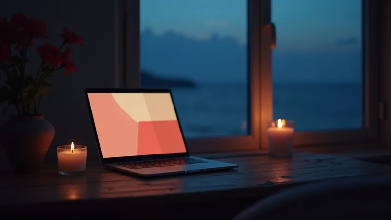 Ordinateur portable ouvert sur une table en bois rustique, blocs abstraits crème et corail à l'écran, bougie allumée et fenêtre ouvrant sur un horizon océanique au crépuscule