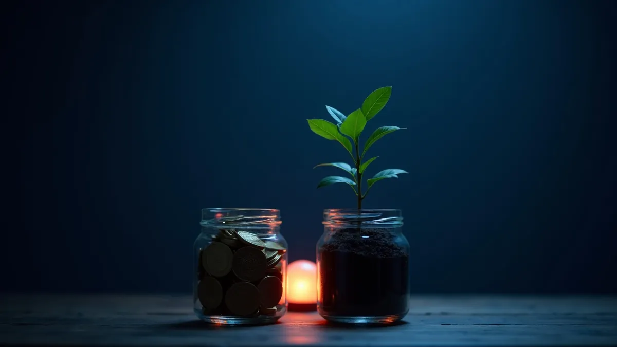 Deux bocaux en verre sur un comptoir en bois, l'un rempli de pièces, l'autre d'une jeune plante, bougie chaude entre les deux