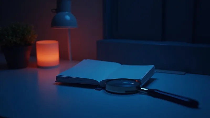 Loupe posée près d'un carnet ouvert sur un bureau sombre, éclairée par une lampe chaude