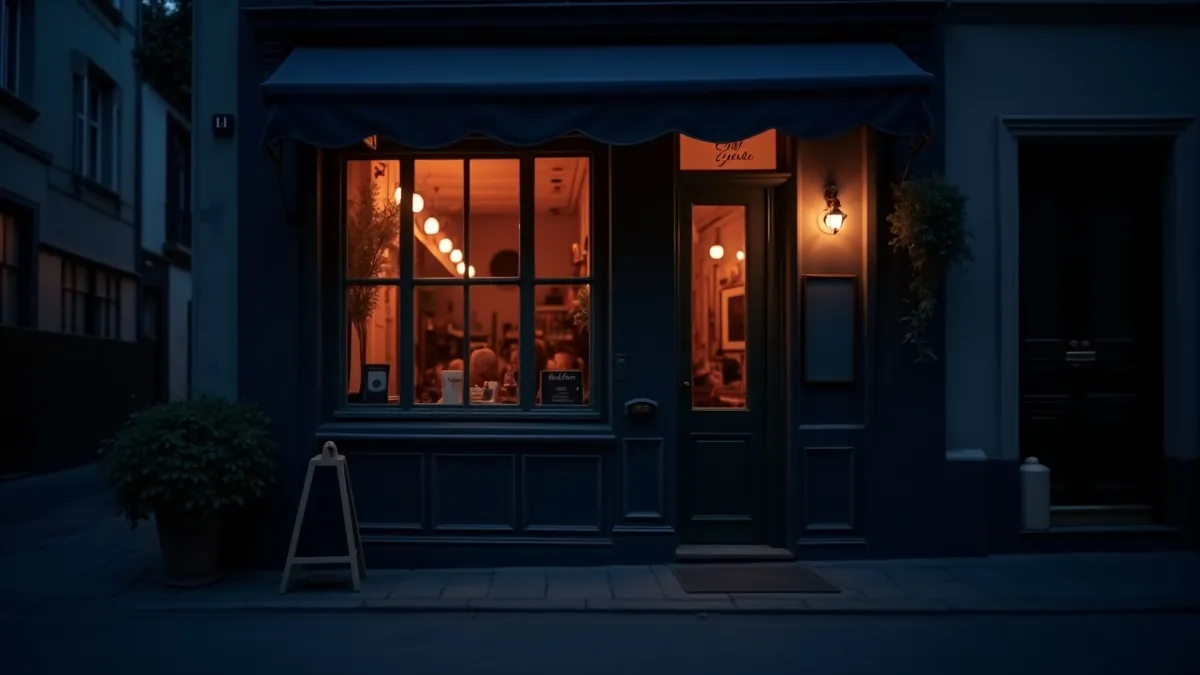 Façade de café belge à l'heure bleue, vitrine chaleureusement éclairée et petite ardoise vierge sur le trottoir