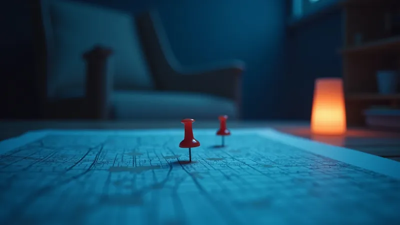 Carte de ville en papier avec une grande épingle corail plantée au centre et quelques épingles plus petites autour, lampe chaude