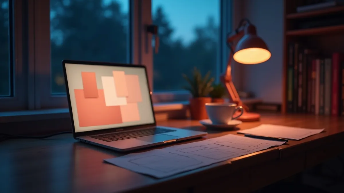 Bureau d'indépendant au crépuscule, ordinateur portable affichant une maquette abstraite corail et crème, lampe corail, croquis et tasse de café