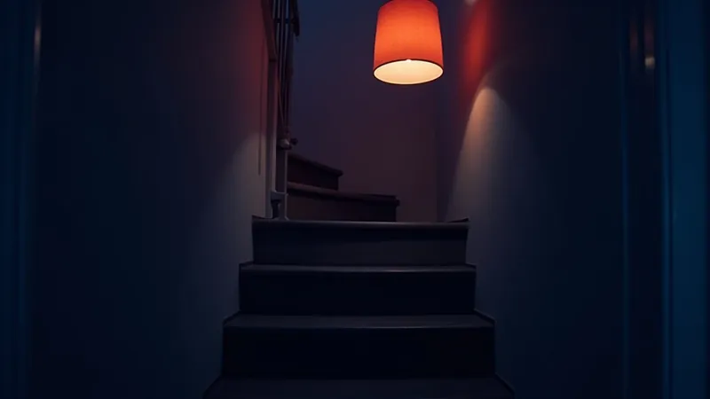 Escalier d'une maison de maître rénovée au crépuscule, suspension corail chaleureuse en haut des marches