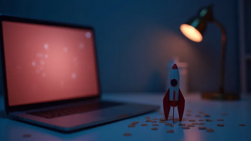Petite fusée en papier posée sur un bureau à côté d'un ordinateur portable à l'écran corail, confettis de papier crème