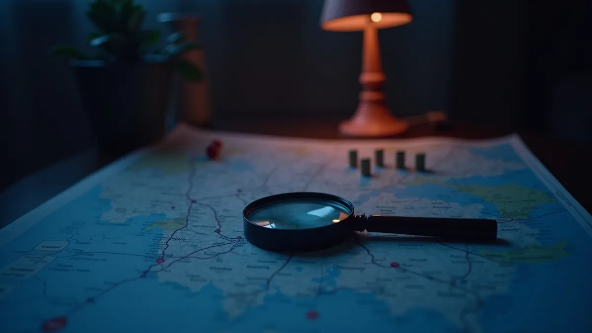 Loupe posée sur une carte routière régionale en papier avec des repères en bois, lampe corail dans la pénombre