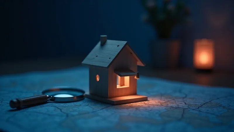 Petite maison en bois posée sur une carte en papier, loupe appuyée à côté, lumière corail chaleureuse