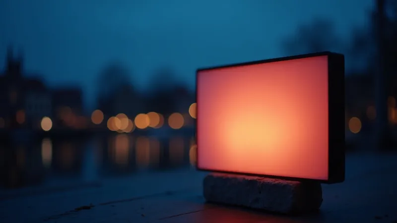 Petit caisson lumineux vierge rayonnant d'une lumière corail devant une silhouette de ville belge floutée à l'heure bleue