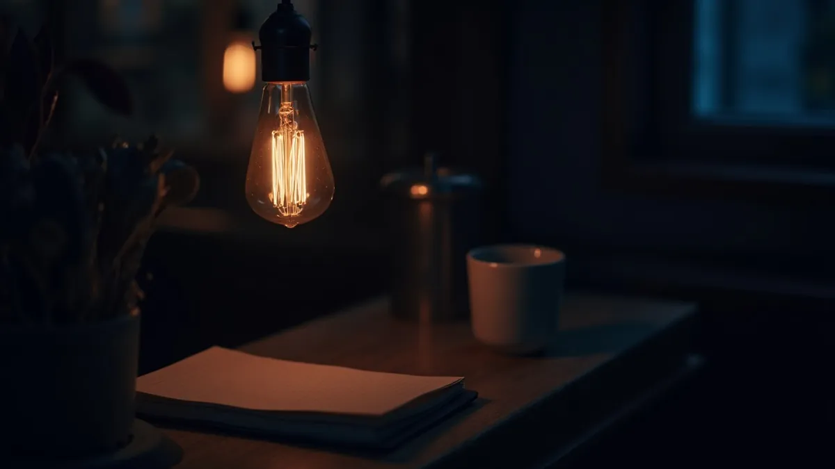 Ampoule à filament chaleureuse posée sur le comptoir d'un petit commerce le soir, carnet fermé et tasse à côté