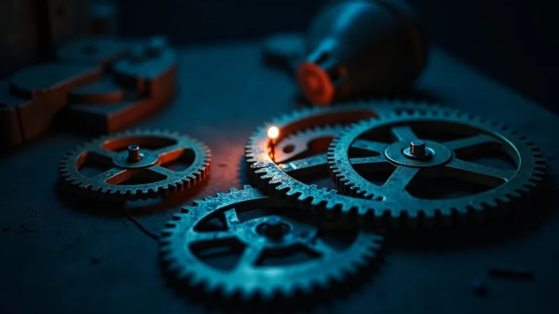 Engrenages d'horlogerie en laiton posés sur un établi en bois sombre, l'un éclairé par une lampe corail