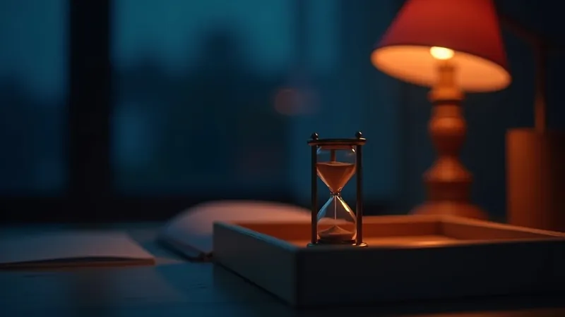 Petit sablier en laiton posé près d'une bannette en bois bien rangée, lampe corail et crépuscule indigo