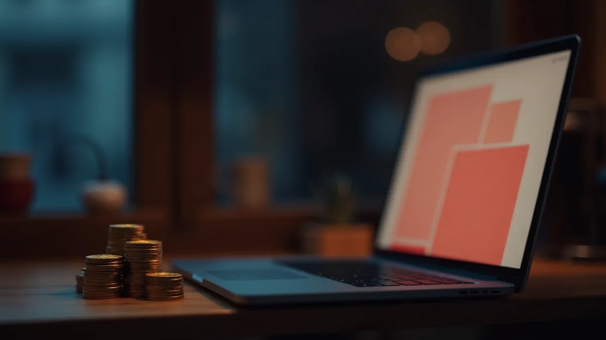 Toonbank van een Vlaams-Brabantse winkel in het blauwe uur met nette stapeltjes euromunten naast een laptop met abstracte offerteblokken in crème en koraal