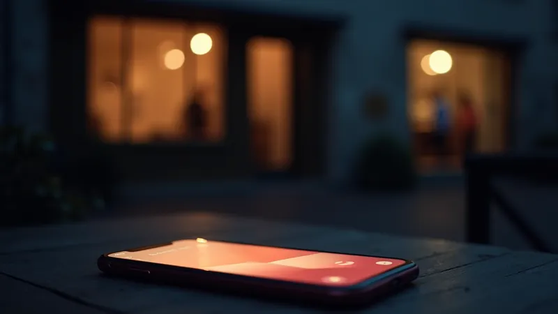 Smartphone met warme abstracte websiteblokken in crème en koraal op een houten terrastafel, warm verlichte etalages van een Vlaams-Brabants plein in het blauwe uur op de achtergrond