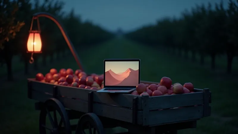 Fruitkisten op een houten kar bij een Haspengouwse boomgaard in het blauwe uur, laptop met abstracte webshopblokken in crème en koraal op een kist