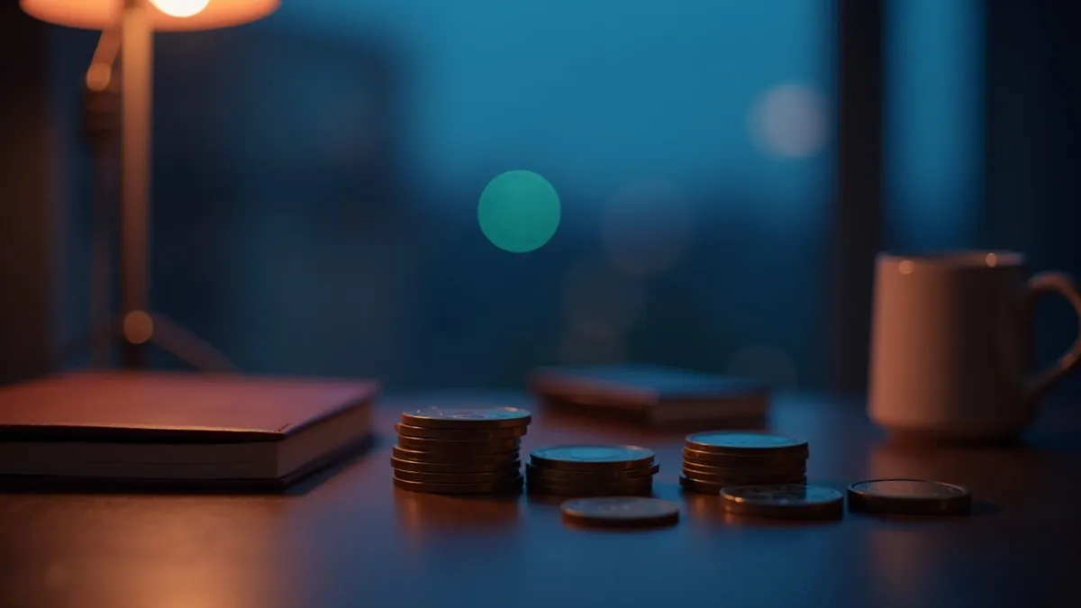 Piles de pièces en euros bien rangées sur un bureau en bois, carnet fermé à côté, lampe chaude devant une fenêtre au crépuscule