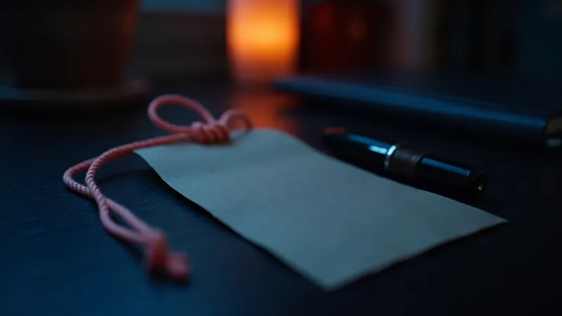 Étiquette de prix en kraft vierge nouée d'un fil corail sur un bureau sombre, stylo plume à côté
