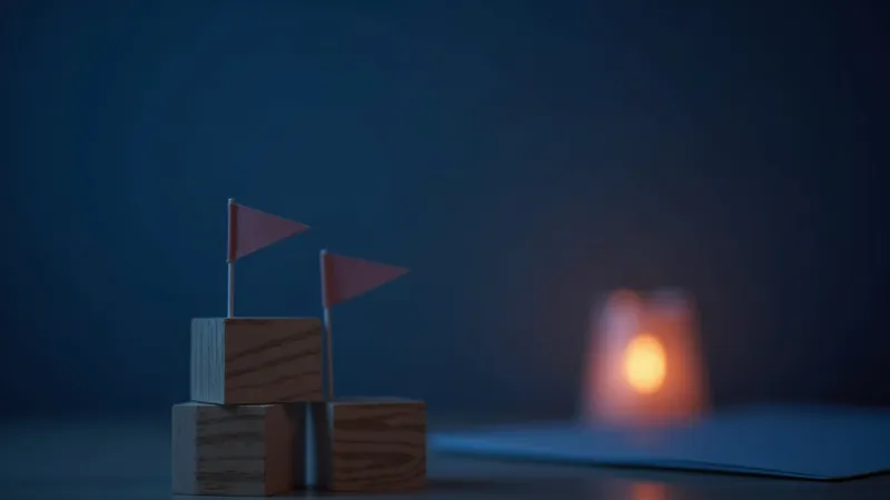 Trois blocs de bois de hauteur croissante alignés sur un bureau, petit fanion corail sur le plus haut