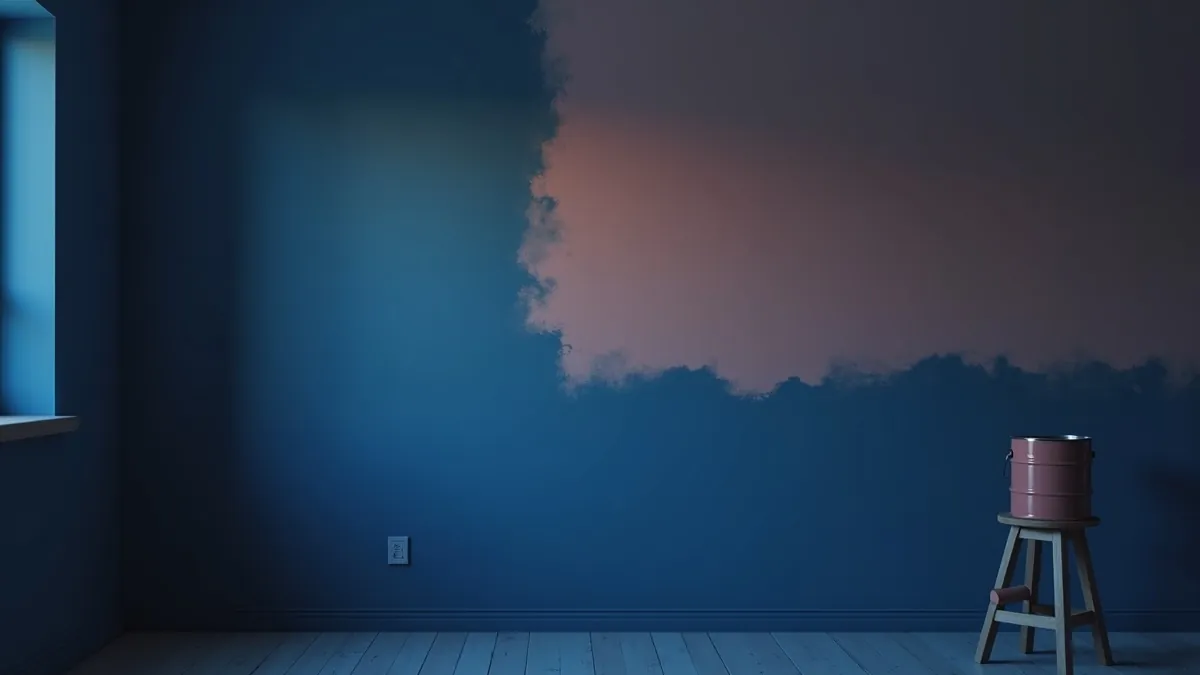 Mur en cours de repeinte au crépuscule, moitié fraîchement peinte en crème chaud, rouleau et pot de peinture corail sur un tabouret