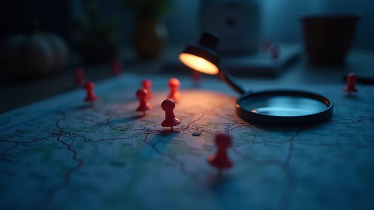 Carte routière de Wallonie en gros plan avec des épingles corail groupées autour d'une ville, loupe au bord du cadre