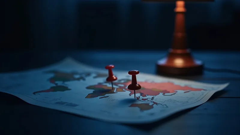 Épingles corail plantées dans une carte en papier formant une diagonale ascendante, lampe chaude sur la table
