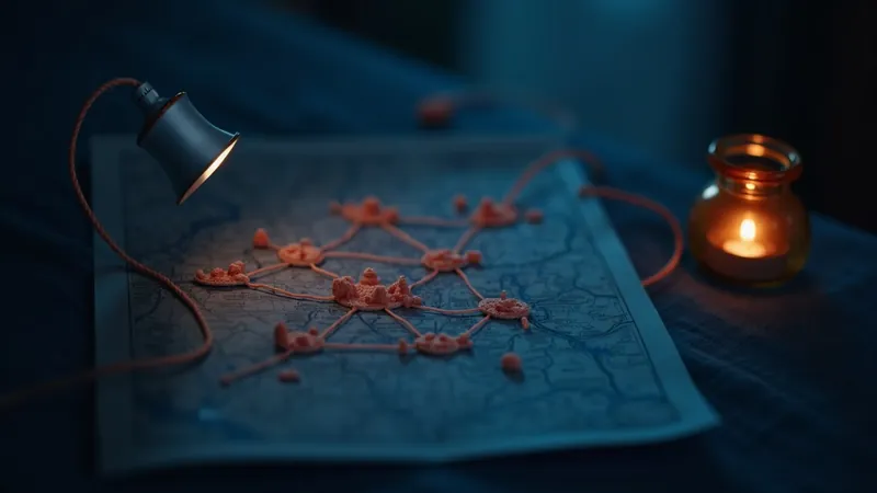 Carte en papier avec plusieurs villes reliées par un fil corail épinglé, photophore chaud à côté