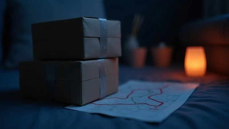 Colis en kraft empilés à côté d'une carte de livraison où une ligne corail trace l'itinéraire, lampe chaude