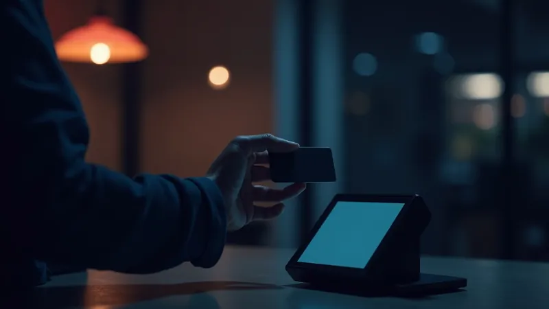 Main tendant une carte bancaire vers un terminal de paiement sur un comptoir, suspension corail dans un commerce le soir
