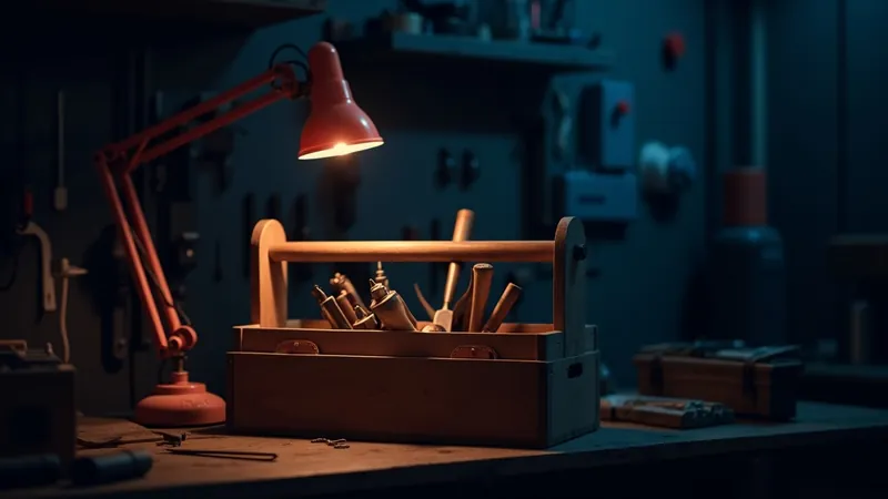 Caisse à outils en bois patinée remplie d'outils à main sur un établi, éclairée par une lampe d'atelier corail