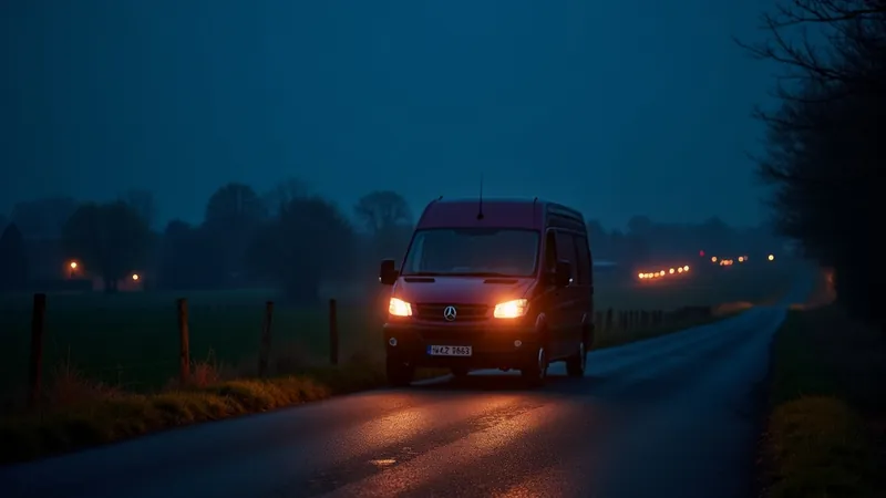 Camionnette d'artisan garée sur une route de campagne belge à l'heure bleue, phares chauds et lumières de village au loin
