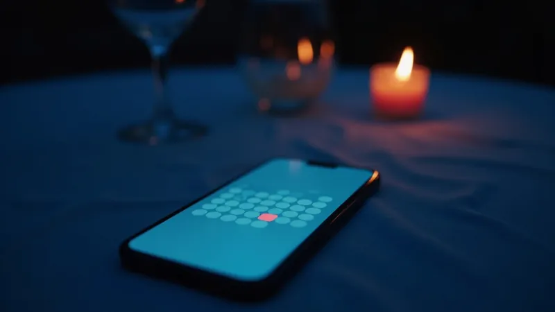 Smartphone posé sur une nappe de bistrot, grille de calendrier épurée à l'écran avec une case corail, bougie et verre à côté