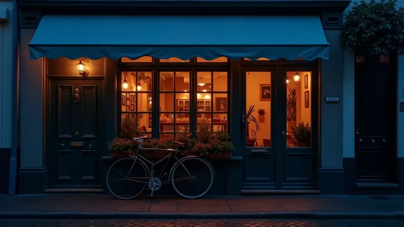 Façade de bistrot belge à l'heure bleue avec auvent en toile, fenêtres chaleureusement éclairées et vélo appuyé contre le mur